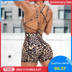 Frauen Yoga Backless Leopard Overall Workout Catsuit Body Ärmel Gym Bodycon Body Sexy Sportswear Fitness Yoga Anzug