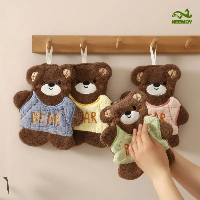 Children Hand Towel Hanging Style Towel Cartoon Quick Drying Absorbent Towel Coral Cute Teddy Bear Bathroom Kitchen Handkerchief