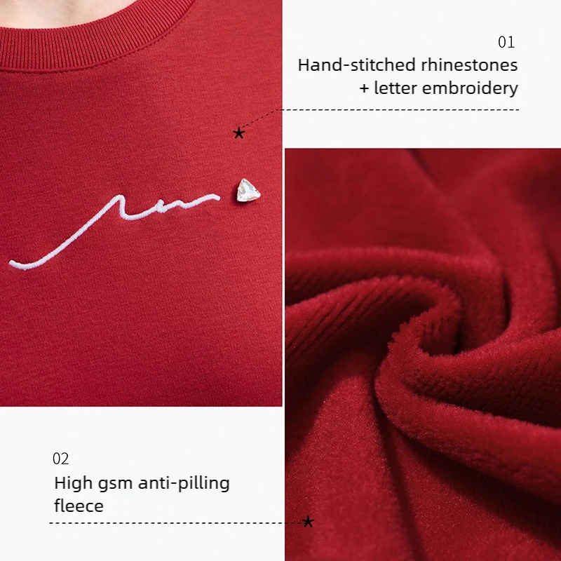 Amii Damskie Bluzy 2025 Zima Nowa Luźna Ciepła Bluza Damska z Długim Rękawem Haftowana Bluza Pulower z Okrągłym Dekoltem Top Damski 12524025