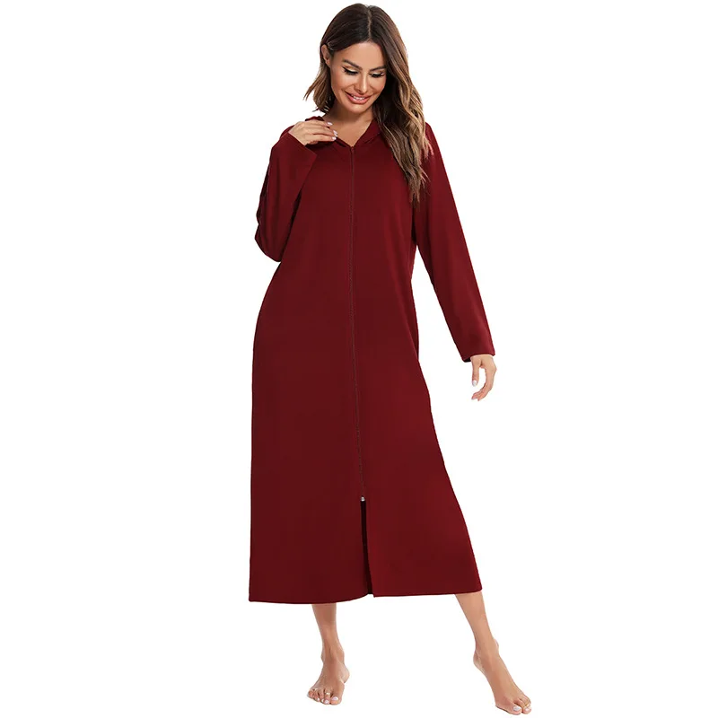 Long Bathrobe Women Hooded Long Sleeve Spring Ladies Dressing Gown Zipper Oversize Autumn Robe Solid Sleepwear For Female