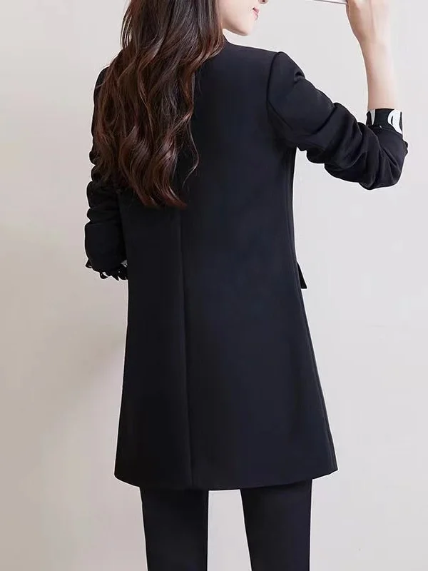 Women's Korean Style Loose Fit Long Coat Black Suit Jacket Versatile Business Casual Spring Autumn High Waist Button up
