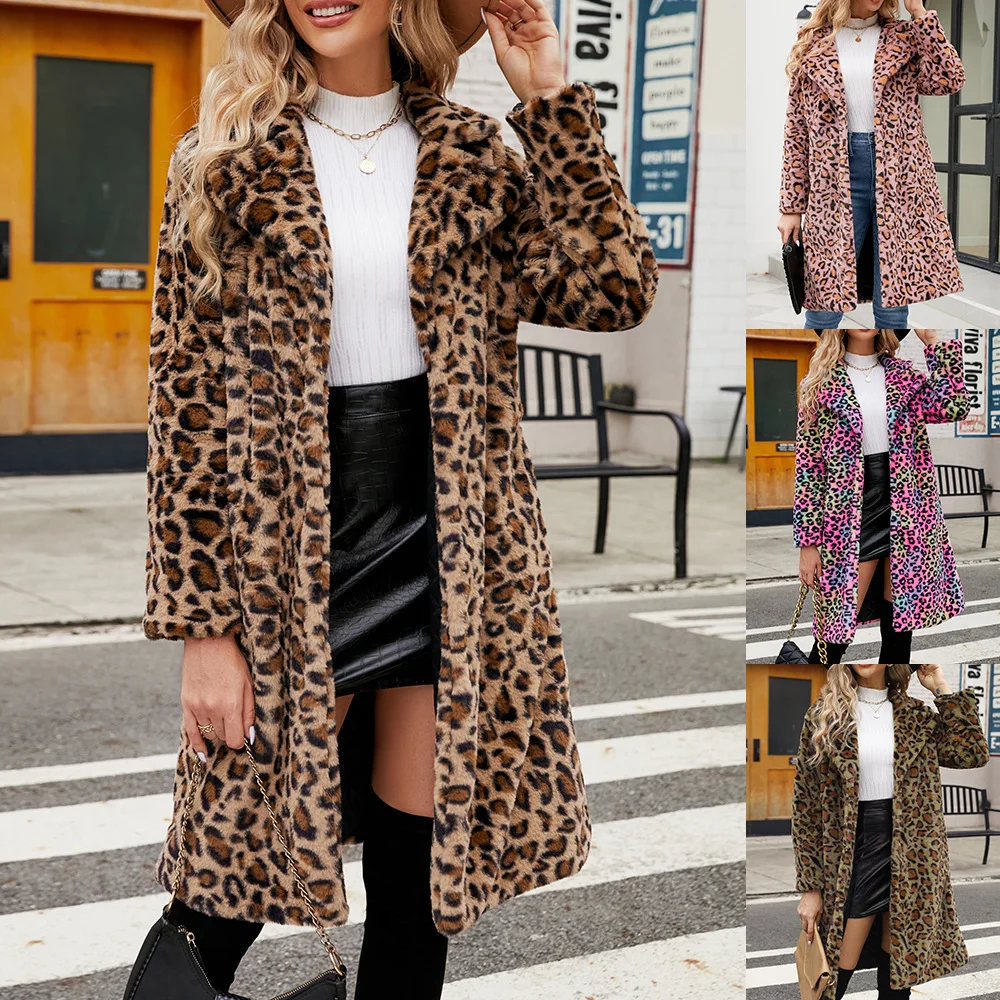 Luxury Brand Trend Square NeckFaux Fur Coat Fluffy Soft Leopard Women Autumn Winter Midi-Length Trench Coat Windproof Jacket