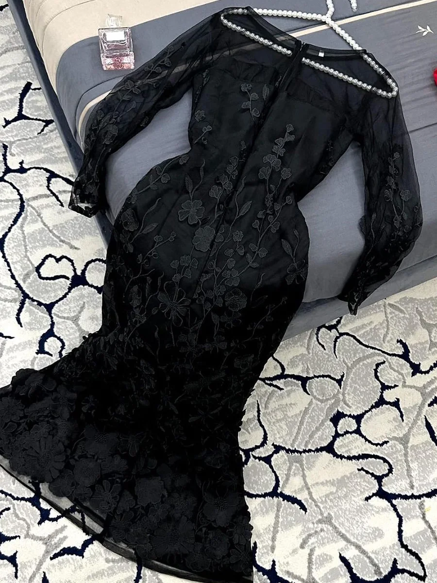 Black Luxury Formal Occasion Dresses 2023 O-Neck Long Sleeves Ball Gowns A-line Sexy Elegant Evening Party Gowns فساتين الحفلات