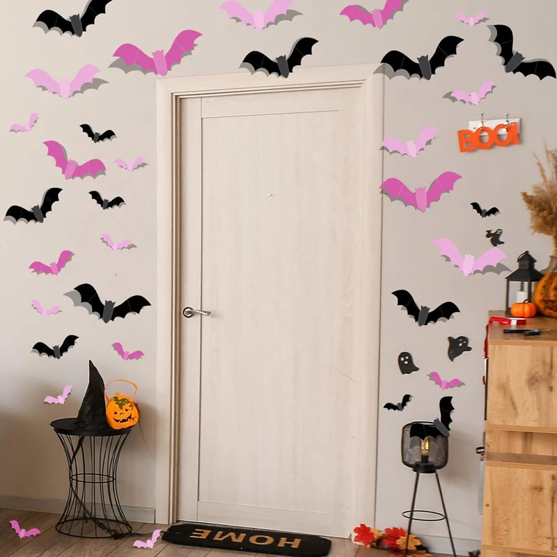24/48 Stück Halloween rosa Fledermaus Fensteraufkleber gruselige Fledermaus Wandaufkleber DIY Aufkleber perfekte Halloween Home Decor drinnen draußen