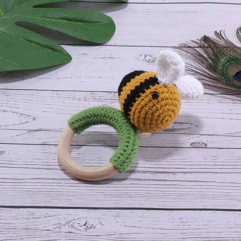 Cincin Teether Kayu Bayi DIY Kerincingan Hewan Rajutan Mainan Menyusui Bayi Tumbuh Gigi D5QF