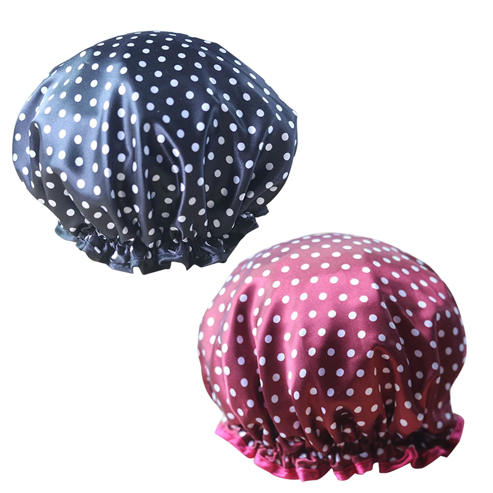 

2Pcs Waterproof Satin Shower Caps Reusable Soft Elastic Bath Hair Cover Double-Layer for Shower Cooking Spa Black White Dot Wine