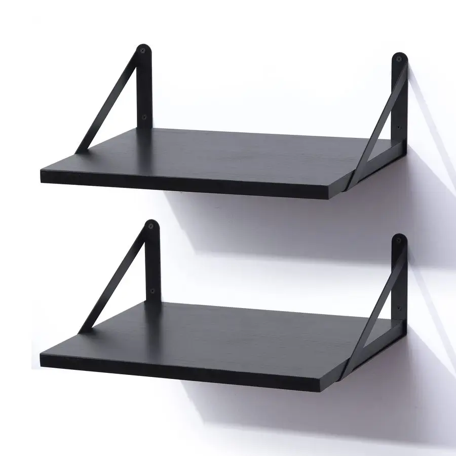

Black Floating Shelves for Wall, 12 Inch Deep Wood Wall Mounted Shelves Set of 2, 16W x 12D Wide Floating Wood Shelves for Bathr