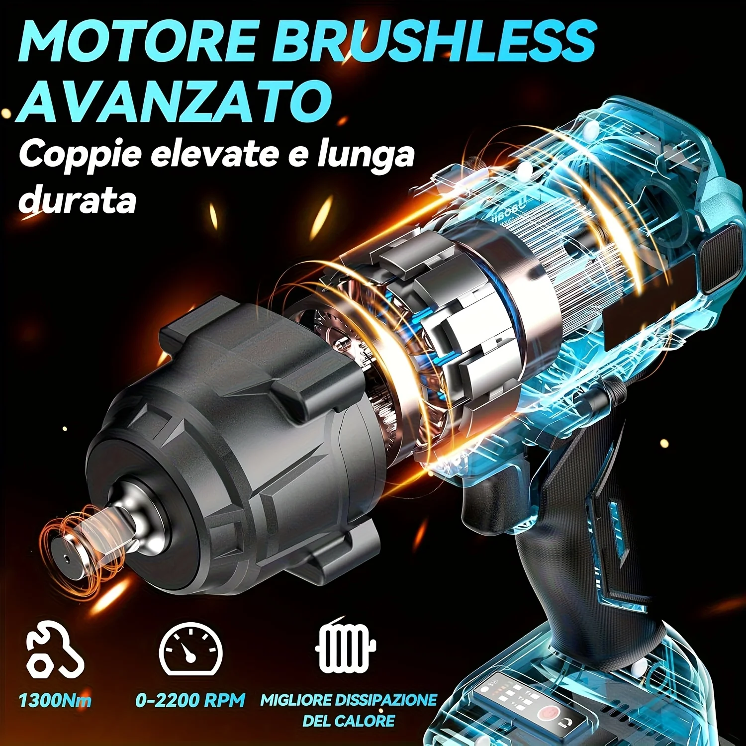 مفتاح ربط لاسلكي 1300 نانومتر، مفتاح ربط تأثير محرك بدون فرشاة مع بطاريتين 5000 مللي أمبير في الساعة، يأتي مع خمسة مقابس مفتاح ربط