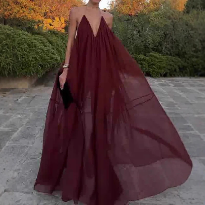 Sexy feminino sem costas vestido de convidado de casamento 2025 férias de verão cor sólida vestido longo casual baixo corte com decote em v vestido de festa plissado