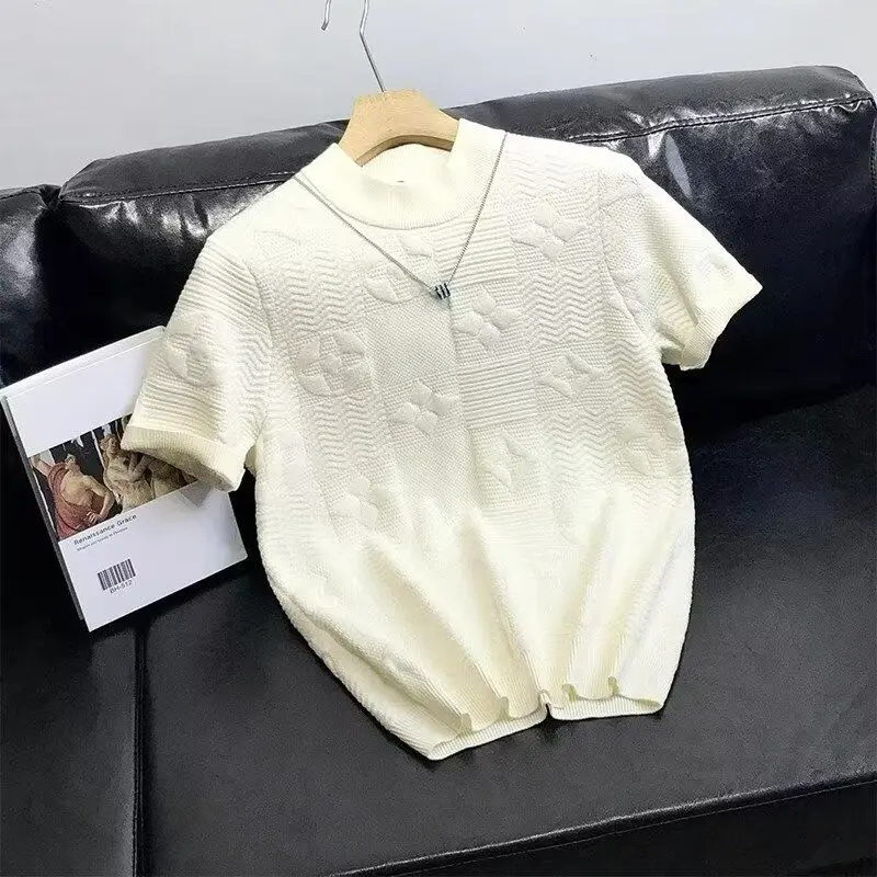 2025 summer new design jacquard short-sleeved t-shirt men's ins trend top men's temperament half-sleeve knitted sweater
