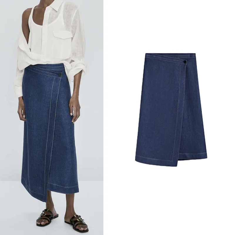Asymmetric A-Line Wrap Skirt MD Women's New 2024 Vintage Straight Stitch Long Skirt mid Waist Design Pure Color Commute Style