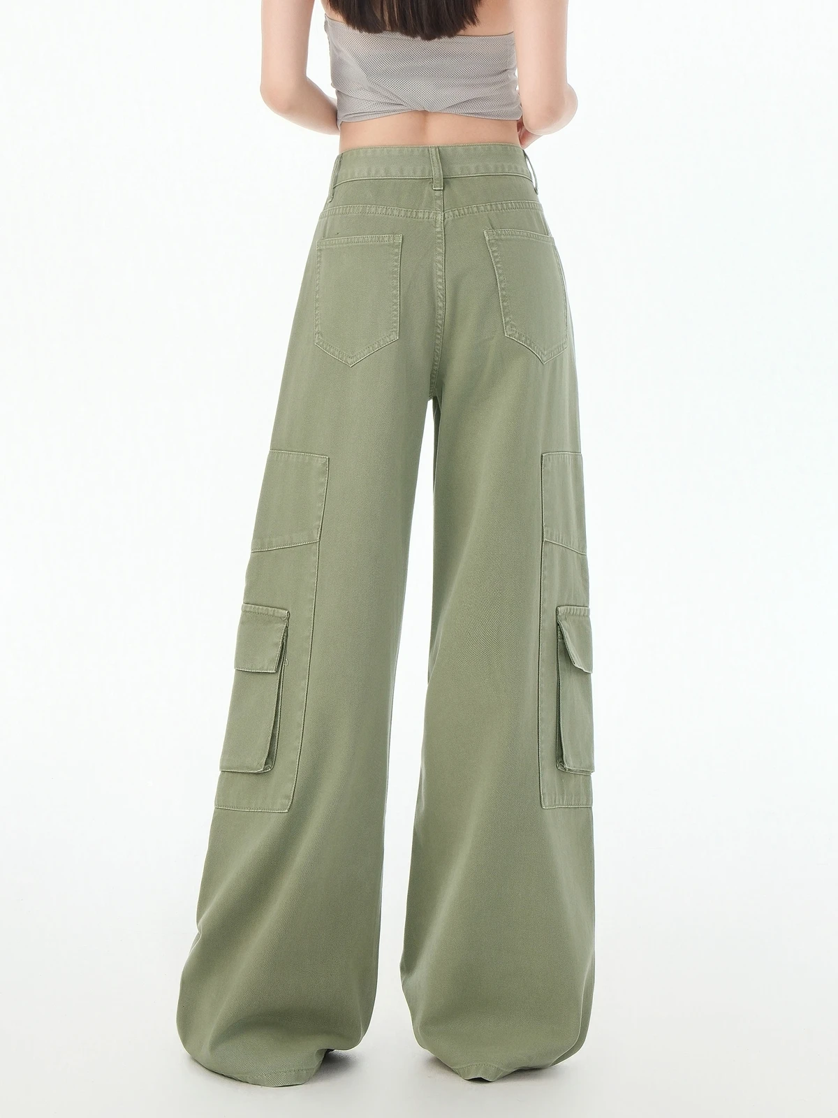 Zhisilao casual carga jeans feminino sólido verde bolso verde perna larga calças de carga reta verão 2025 streetwear