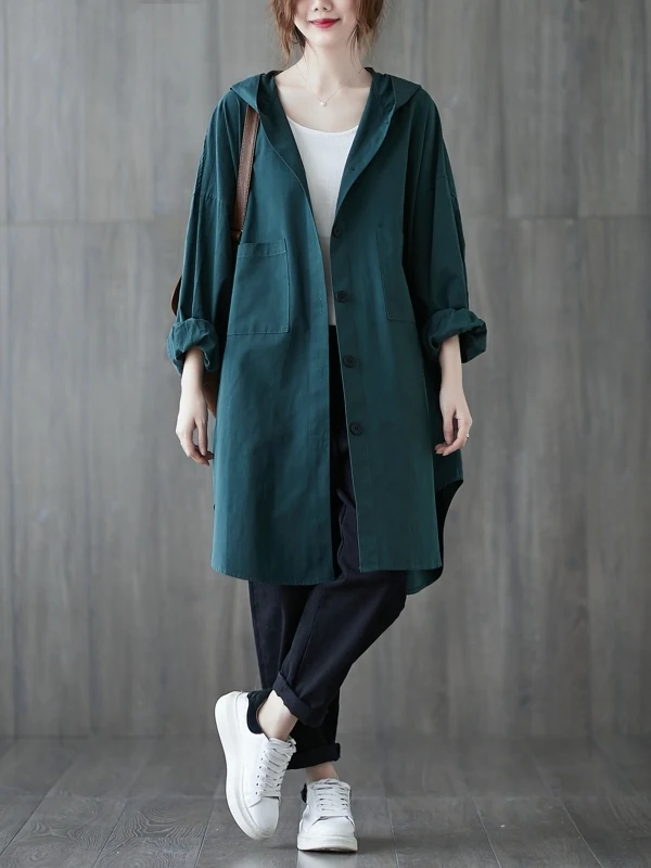 

Spring Faionable Casual Long Sve Hooded Windbreaker Jaet Large Size Women Single Button Open Cardigan Coat Sli Com...