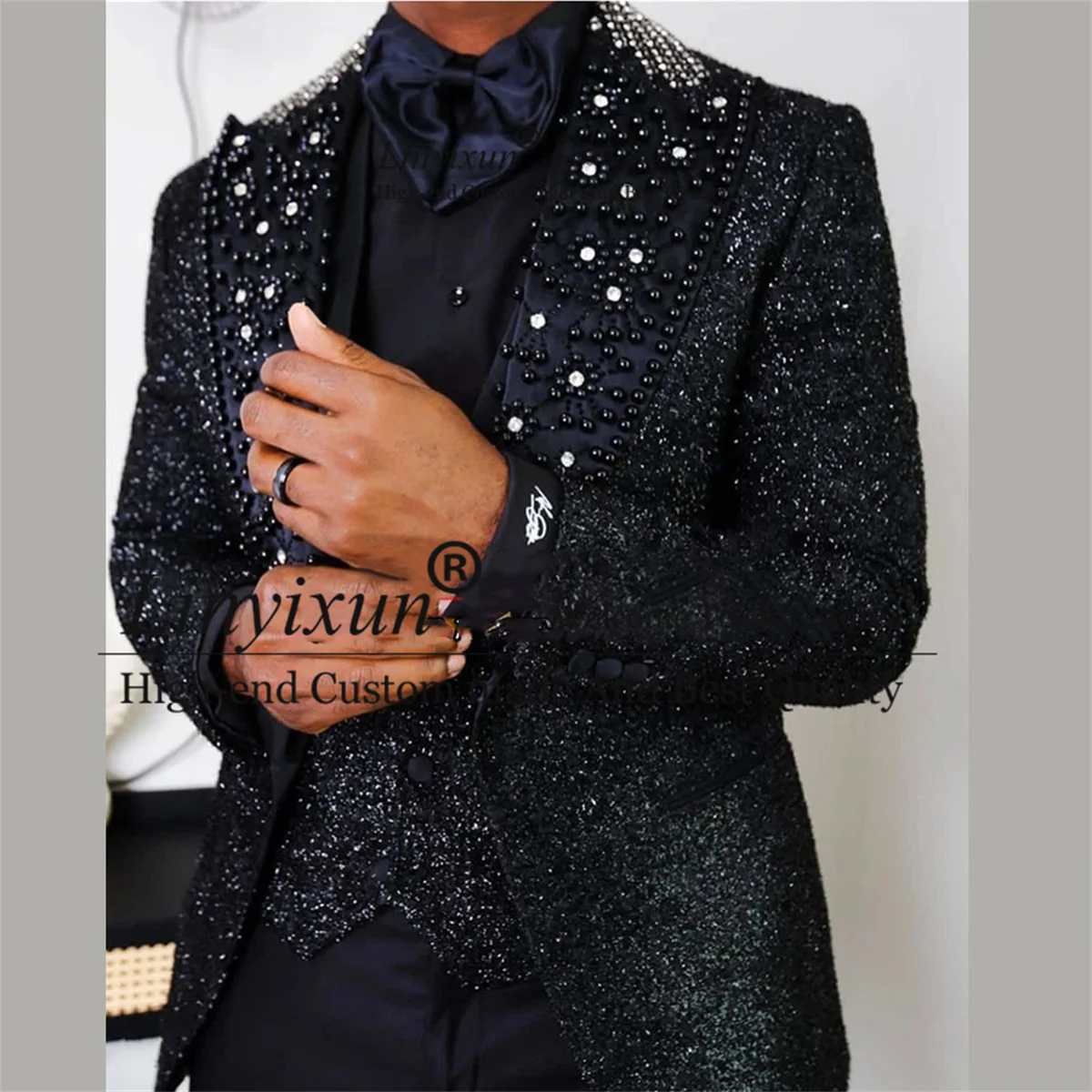 Luxury Men Suits With Beaded Peaked Lapel Groom Wedding Tuxedos 3 Pieces Jacket Vest Pants Sets Male Prom Blazers Costume Homme