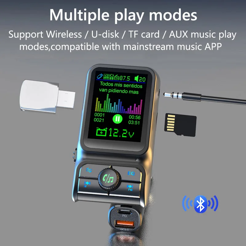 Bluetooth 5.0 FM Transmitter Handsfree Car MP3 Player QC3.0 PD24W Dual USB Quick Charger Colorful Ambient Light Car Accessories