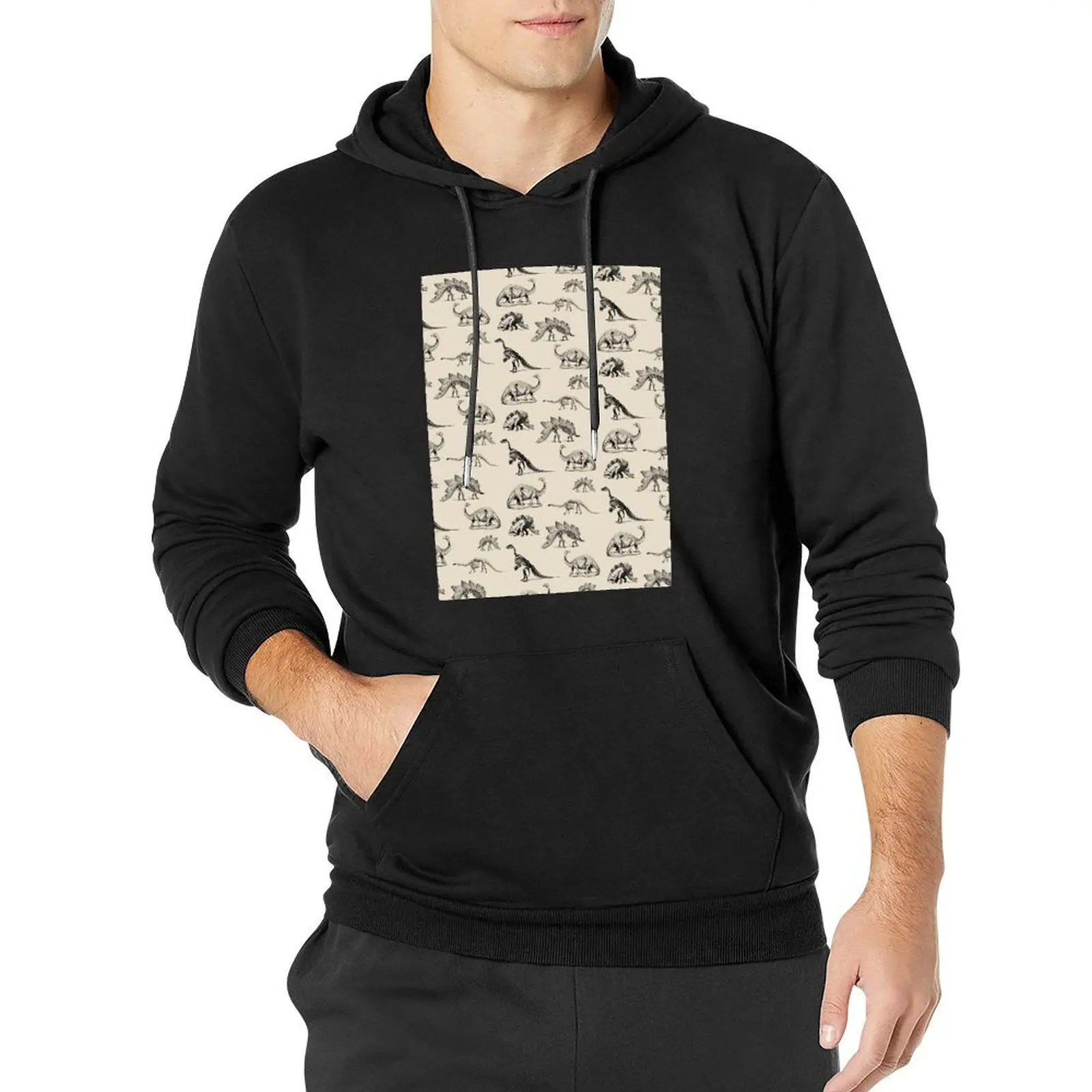 Vintage Museum Dinosaur Skeleton Illustrations, Black & Cream Dinos Pullover Hoodie autumn new products pullover