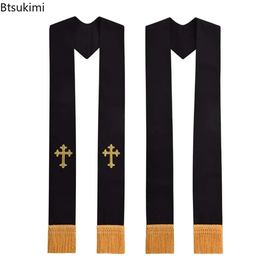 New Clergy Black Stole Priest Monk Embroidered Cross Shawl Adult Ribbon of Honor Costumes Accessories Classic Sacred Belt Unisex