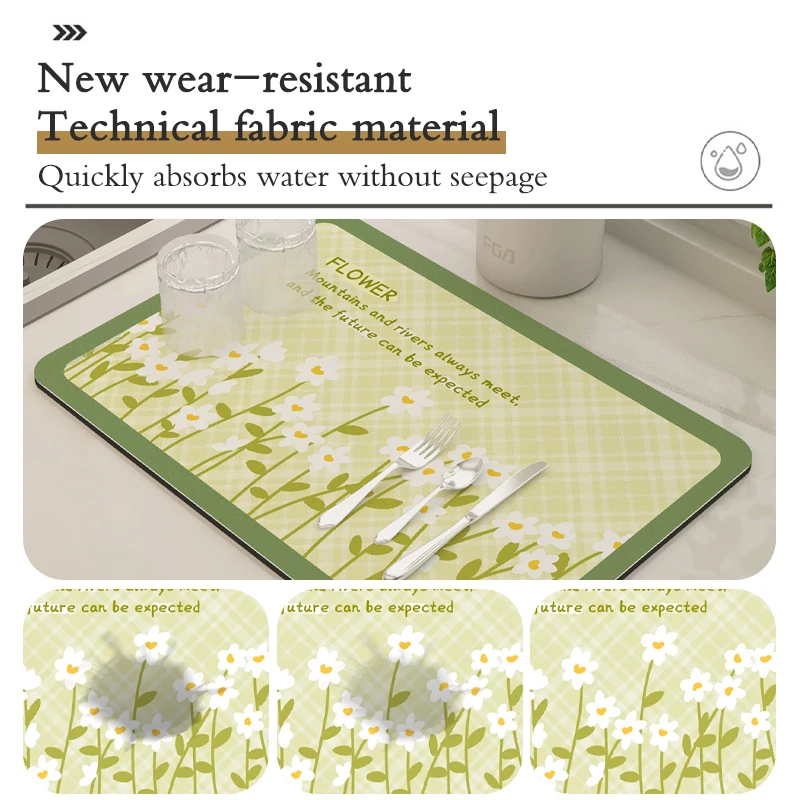 Flower Print Diotomite Dish Drying Mat For Kitchen Drain Pad Tableware Draining Pads Quick Dry Rug Dinnerware Placemat Washable