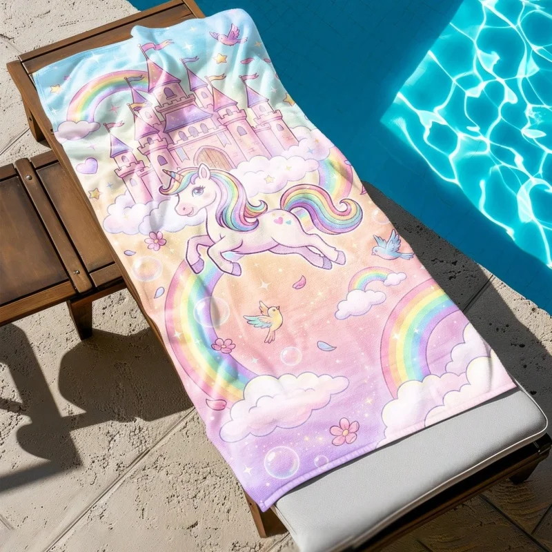 Newest Beach Sand Towel Rainbow Unicorn Castle Cloud Cartoon Beach Towel Quick Dry Pool Bath Towel Quick Dry Travel Towel
