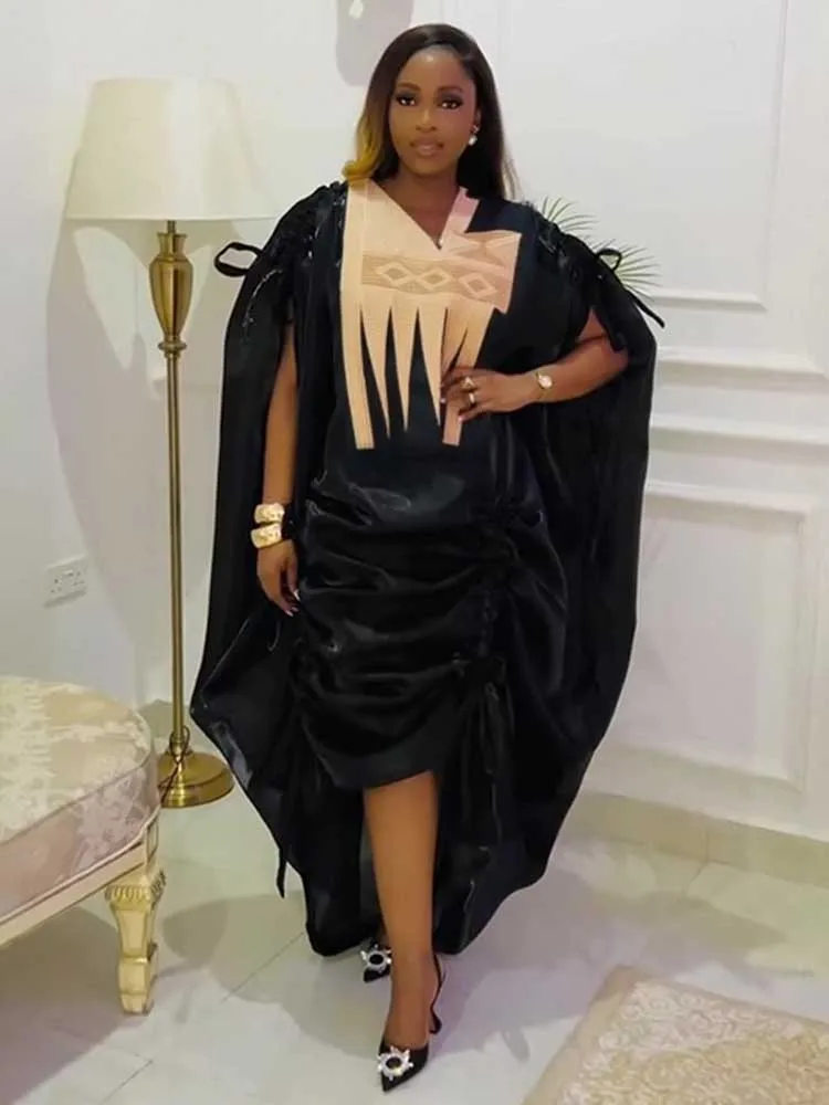 

Plus Size Dresses for Curvy Woman Embroidered Cape Long Dress V-Neck Geometric Lace-Up Long One-piece Dress Gown Maxi Dress