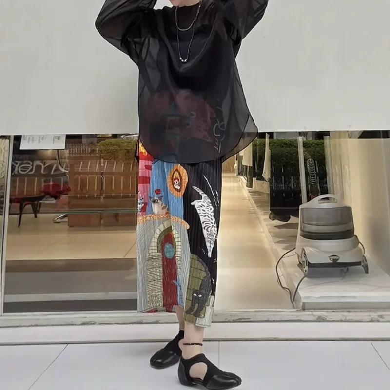 Miyake Pleated Cartoon Print Pleated Skirt 2026 Spring Summer Back Slit Jupe Straight Elastic Artistic Style Mid-Length Skirt