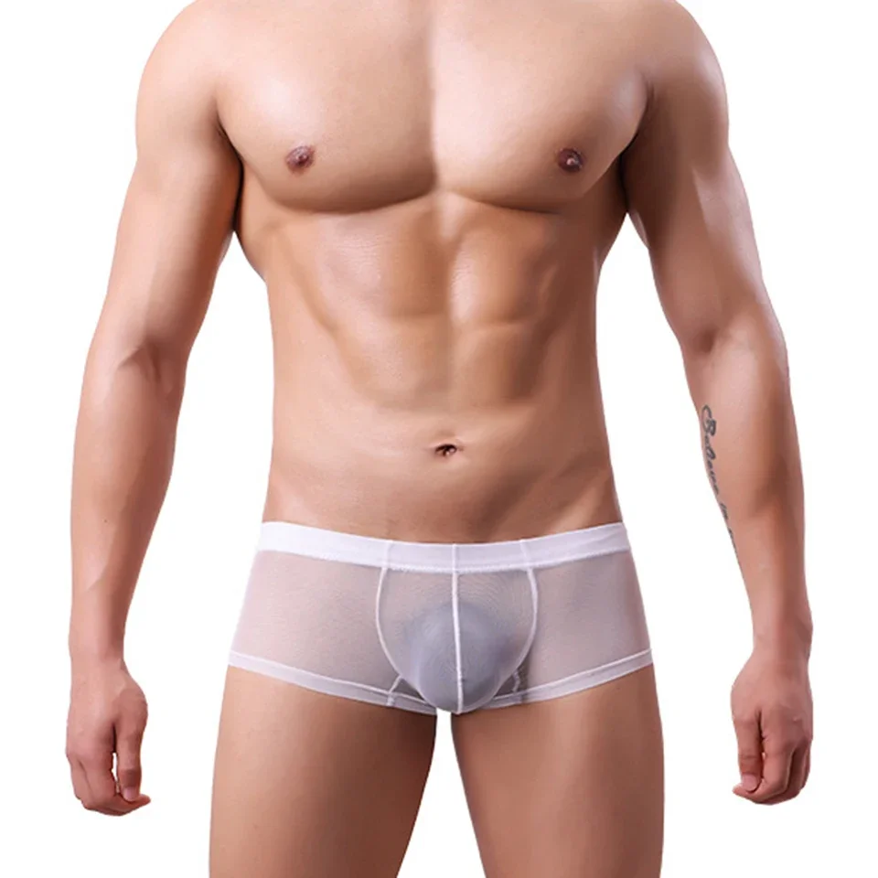 1pc Men Sexy Mesh Sheer Boxers Shorts Mid Waist See Through Breathable Underwear Thin Transparent Trunks Hot Gay Nightwear