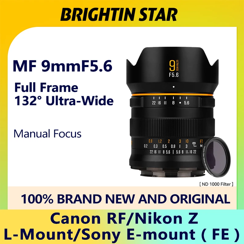 Brightin Star 9mm F5.6 Full-Frame Ultra-Wide-Angle Lens Is Suitable for Sony Fe Nikon Z Canon Rf Panasonic Sigma L-Mount 132 Degrees Ultra-Wide Manual Focus Mirrorless Lens