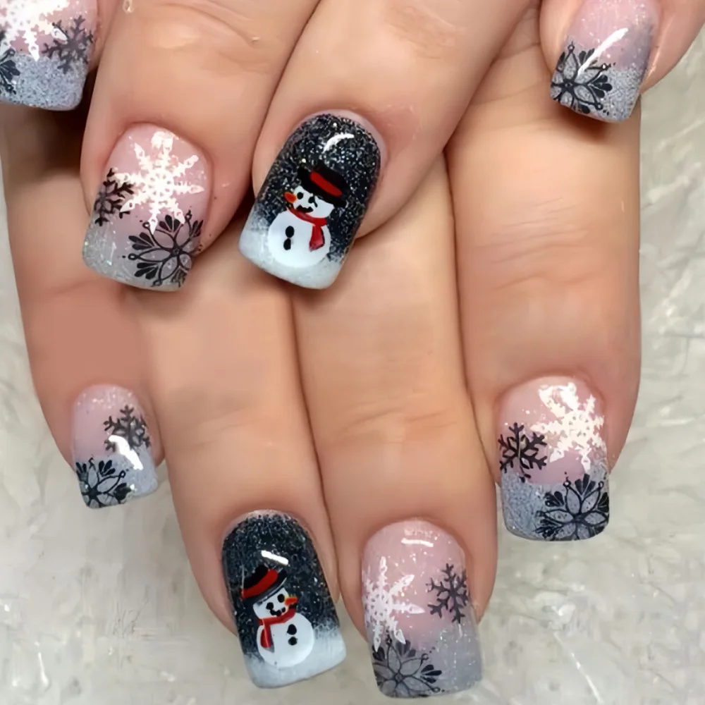 24 pçs natal unhas falsas imprensa em unhas preto bonito boneco de neve francês quadrado ballet glitter floco de neve unhas falsas wearable manicure