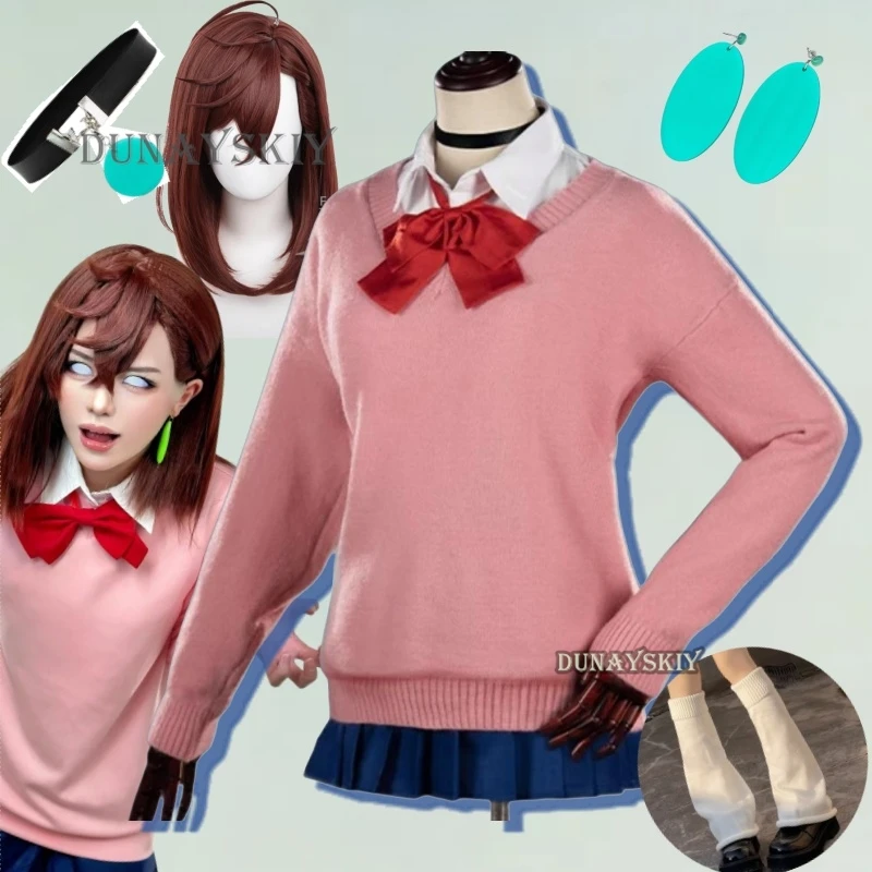 Momo Ayase Cosplay Costume Wig Anime Dandadan School JK Uniform Earrings Pink Sweater Skirt Halloween Party Women