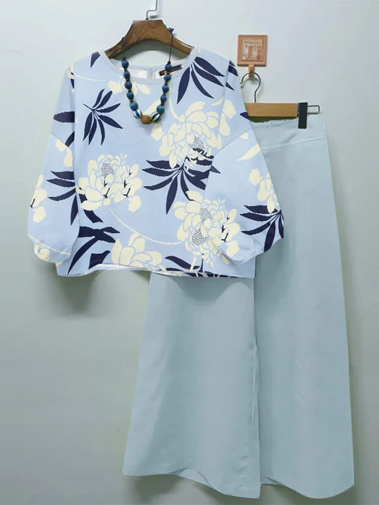 ZANZEA Vakantie Wijde pijpen Broek 2 stuks Outfits Dames Elegant 2025 Zomer Dagelijks 2-delig Pakken Bloemen 3/4 Tops Casual Broeksets