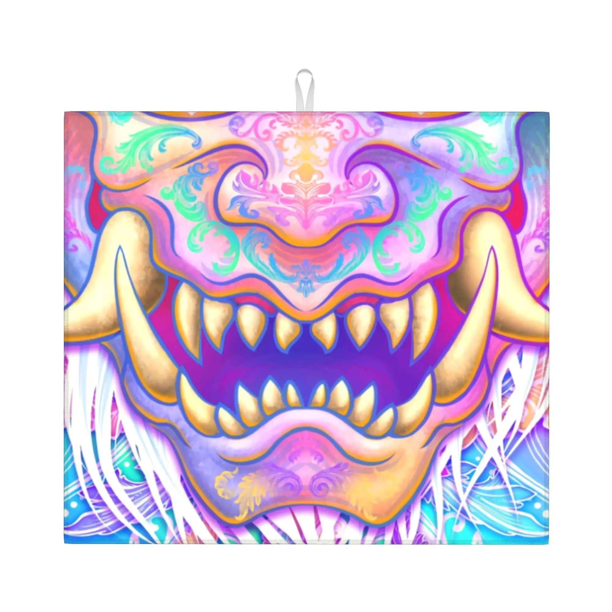 Vaporwave Harajuku Oni Drying Mat Kitchen Waterproof Reusable Japanese Samurai Demon Hannya Bathroom Countertop Protector Mat