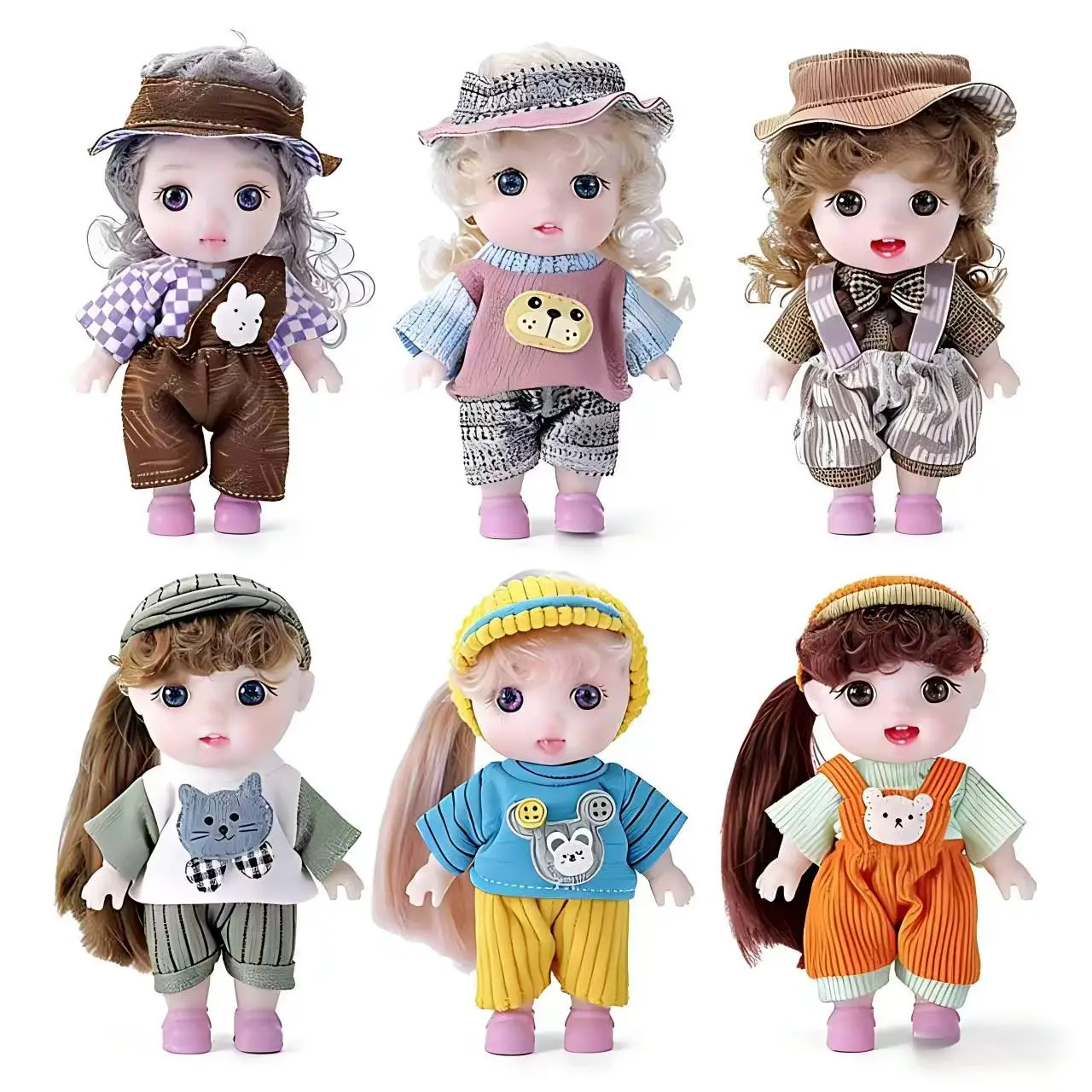

Набор из 6 миниатюрных кукол-младенцев 6 дюймов с пушистыми комбинезонами в виде животных, милые крошечные куклы для детей, идеально подходят для Пасхи, Хэллоуина, Рождества