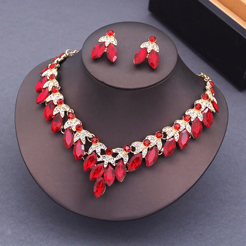 Luxury Red Crystal Choker Necklace Earrings Set Rhinestone Bridal Jewelry Sets Women Bride Wedding Party Costume Bijoux Femme