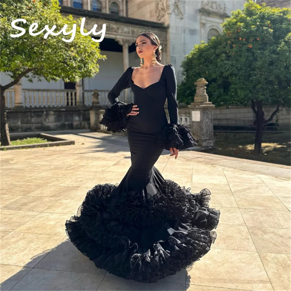 Spanish Flamenco Black Prom Dress Costume Mermaid Long Sleeve Evening Dress 2023 For Dancer Night Ceremony Gothic Customized