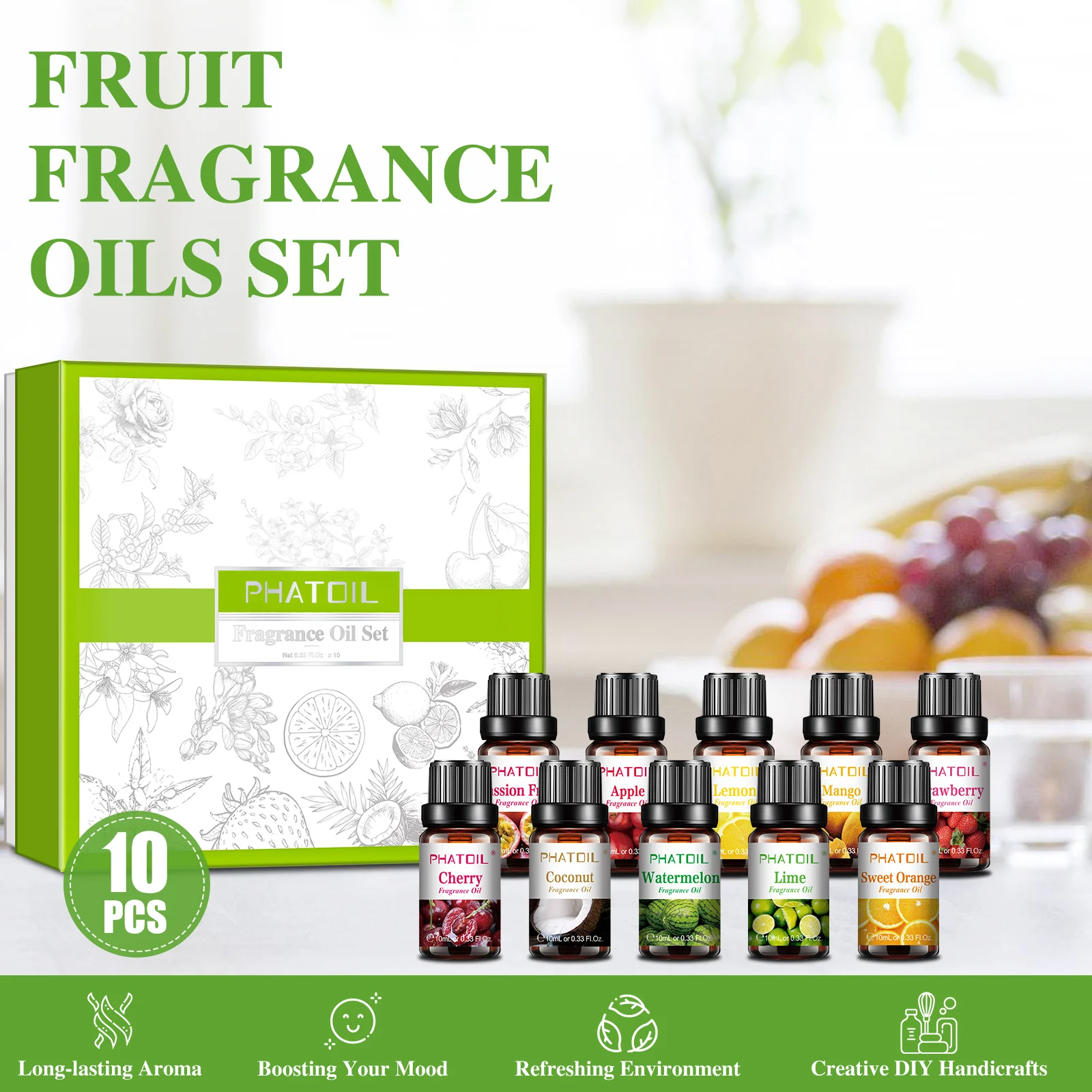 

PHATOIL 10pcs Gift Box Essential Oils Set 10ML Pure Essential Oils Fruity Fragrance Oils Apple Cherry Coconut Mango Lemon Orange