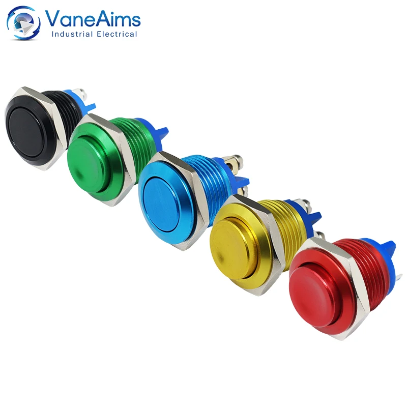 16mm Metal Push Button Switch VaneAims Self Reset Momentary Oxidation Red Blue Black Green Yellow High Head Mini Electric Switch