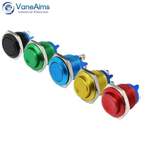 Imagen 2 del producto Interruptor de botón de Metal de 16mm, VaneAims, reinicio automático, oxidación momentánea, rojo, azul, negro, verde, amarillo, Mini interruptor eléctrico de cabeza alta