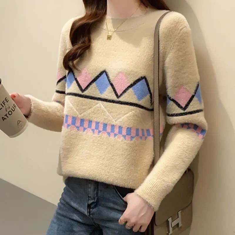 Fashion Commute Geometric Pattern Sweaters Autumn Winter Korean Casual Contrast Color Long Sleeve Knitted Tops Women's Clothing