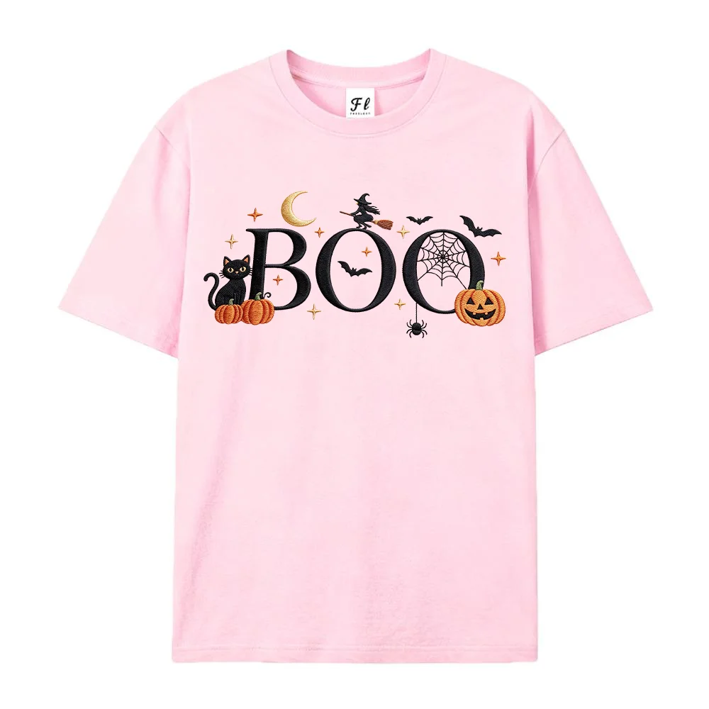 Womens Halloween BOO Graphic T Shirts Pumpkin Cat Bat Print Short Sleeve Casual Summer Cotton Tee Tops