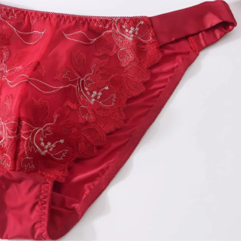 Men's Sexy Ice Silk Underwear Embroidery Breathable Comfortable Lace Side Tie Up Bikini Briefs Mid Waist Fashion Floral Panties