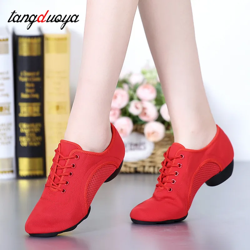 Women Dancing Shoes Woman Latin Shoes Ladies Training Ballroom dance Shoes Black Red Practice Modern Tango Dance Sneakers