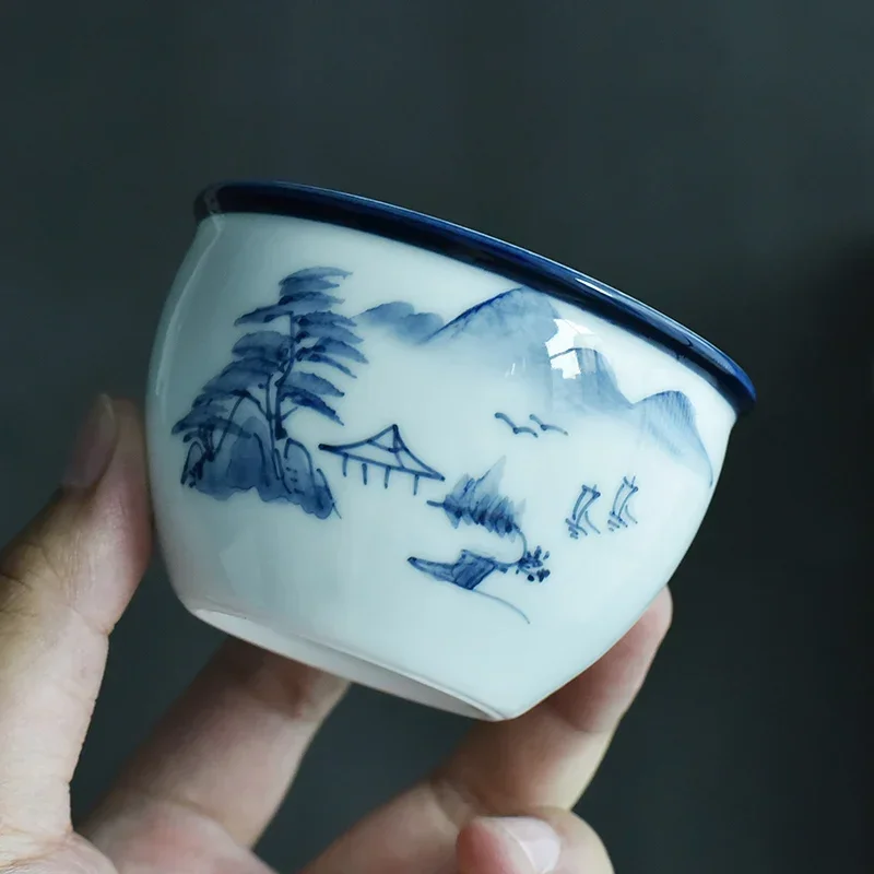 Blue and White Porcelain Teacup Lotus Colored Painting Hand Painted Landscape Tea Accessories Drink Tea Tea Drinking Set