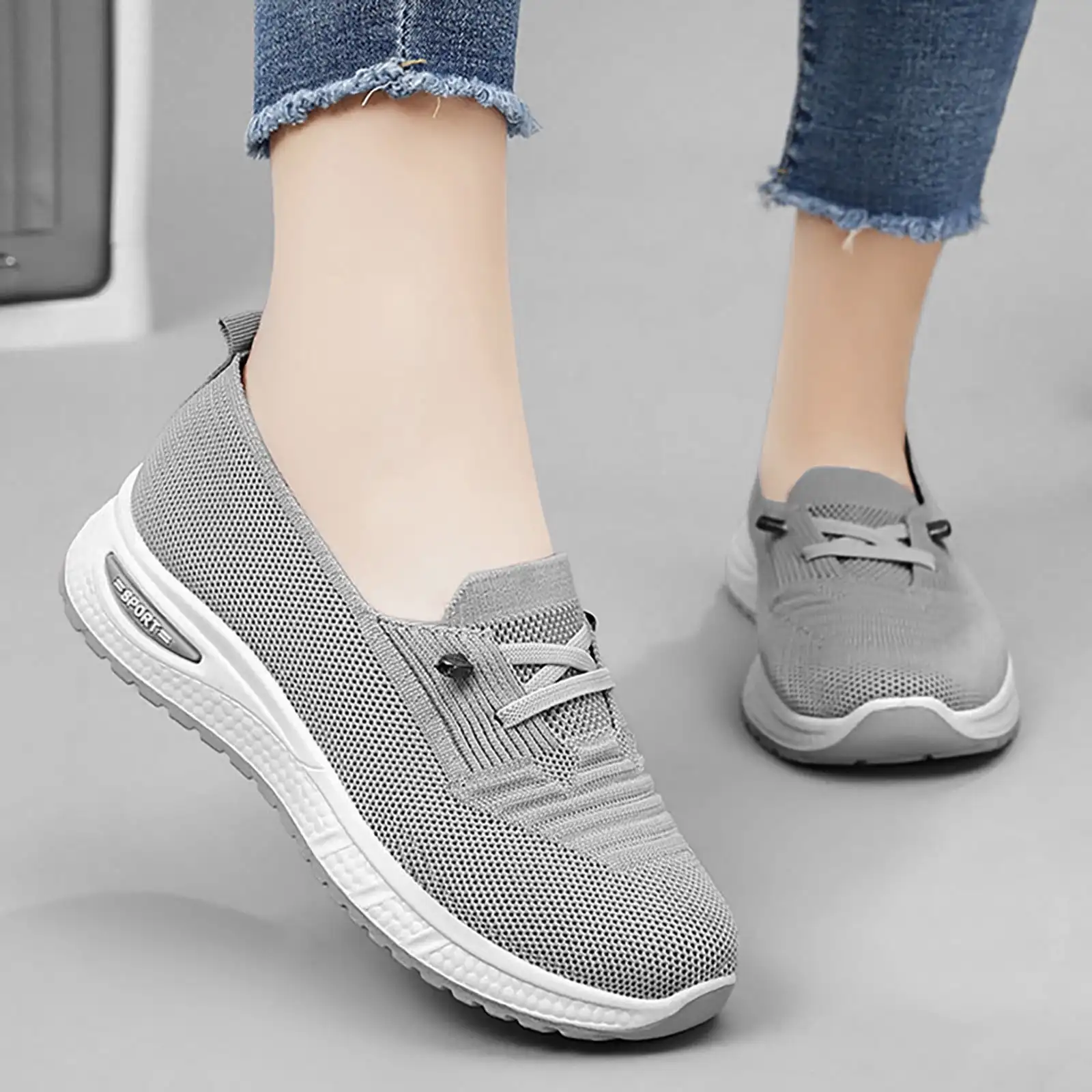 Women\'s Breathable Knitted Mesh Slip-On Sneaker Woman Lace Up Orthopedic Low Top Soft Loafer Shoes Big Size 43 Platform Trainers