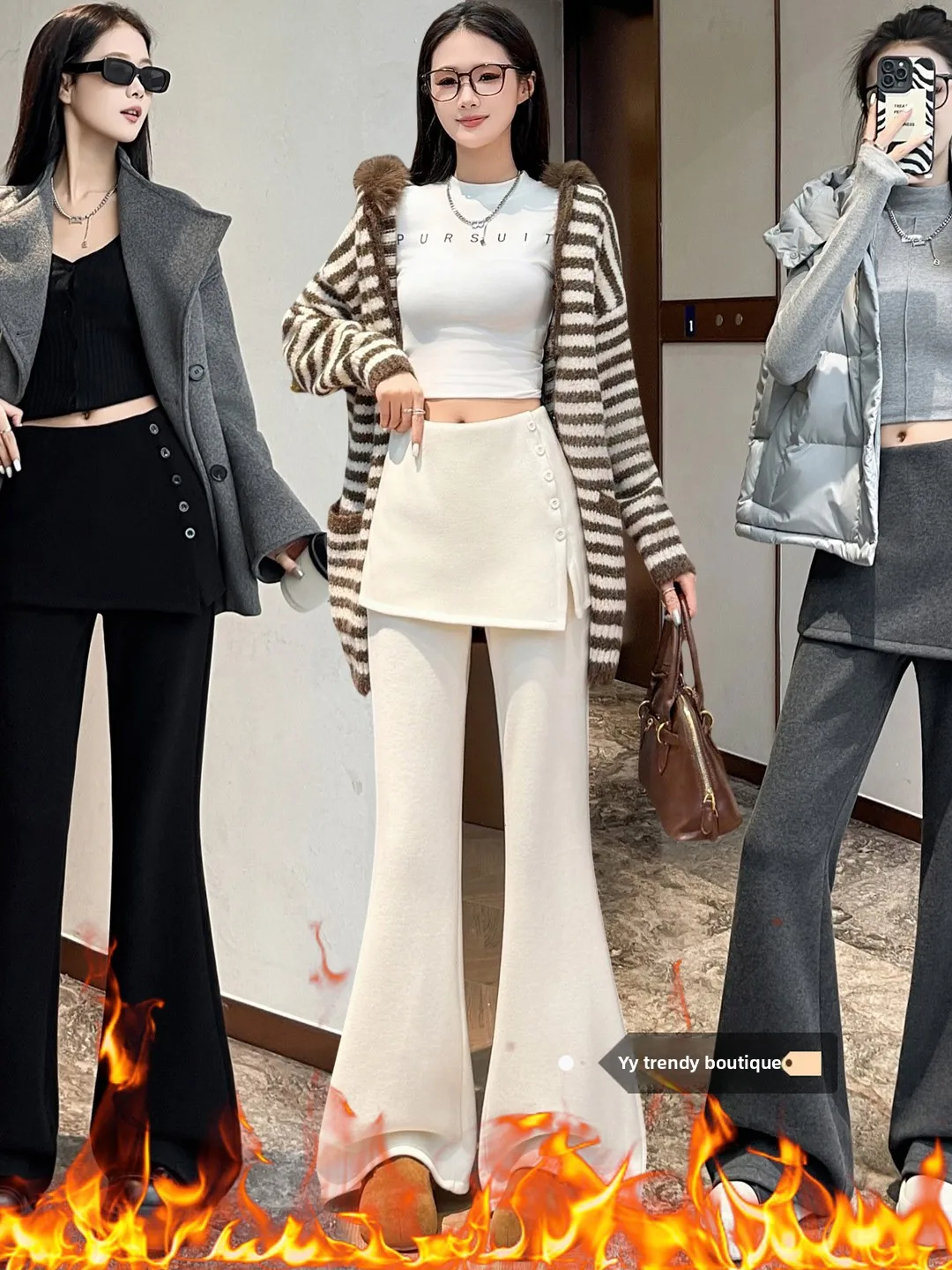 

Deep ey Fce Lined Flared Wide Leg Casual Pants Women's High Waist Fake Two-Piece Drapey Comfortable Winter Trousers