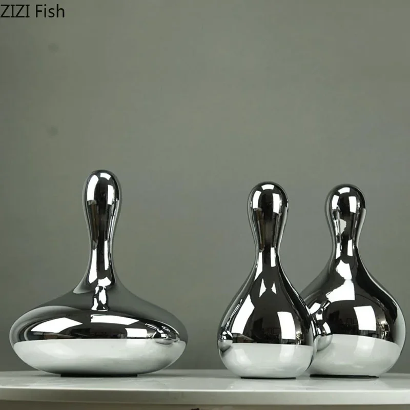 Creative Silver Bowling Pins Ornaments Modern Design Glass Water Drop Shape Statue Desk Decoration Modern Decor Crafts Sculpture