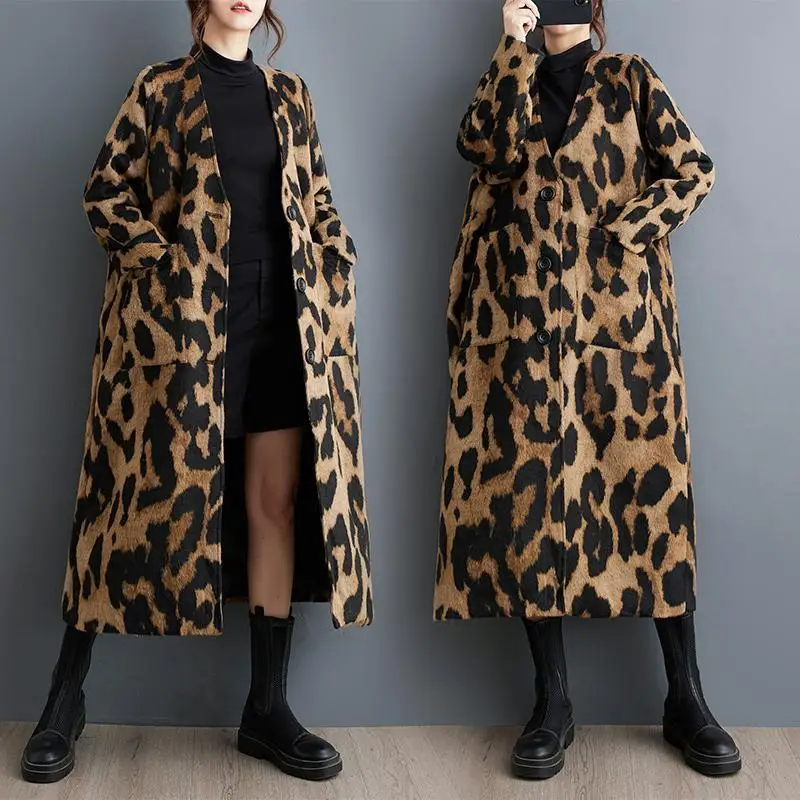 Women's Clothing Autumn Loose Retro Fashion Leopard Print Long Trench Coat Outerwear Coats for Women Luxury Windbreaker