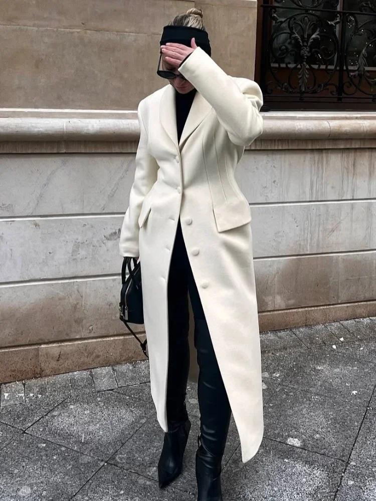 

Women Elegant Solid Waist Cinching Overcoat Fashion Lapel full Sleeve Single Breasted Pocket Coat Autumn Lady Commute Outerwear