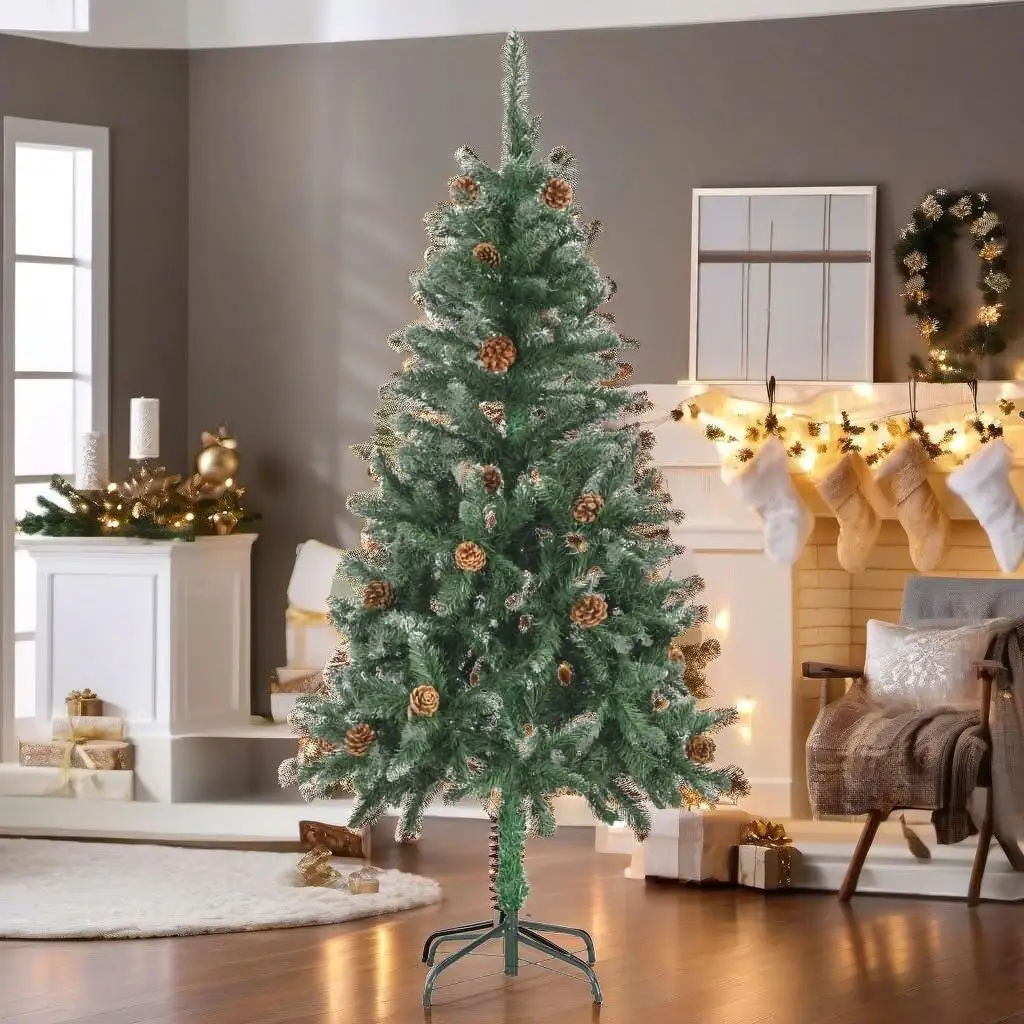 5ft Artificial Christmas Tree with Pine Cones & Glitter Snow - Festive Holiday Decor