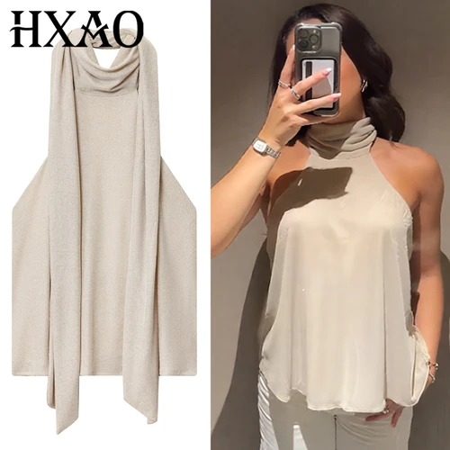 Imagen 1 del producto HXAO 2025 Top corto con cuello Halter para mujer, camisetas sin mangas y camisola con cordones, camiseta sin mangas sin espalda, estilo bufanda, corbata, Top de hilo metálico
