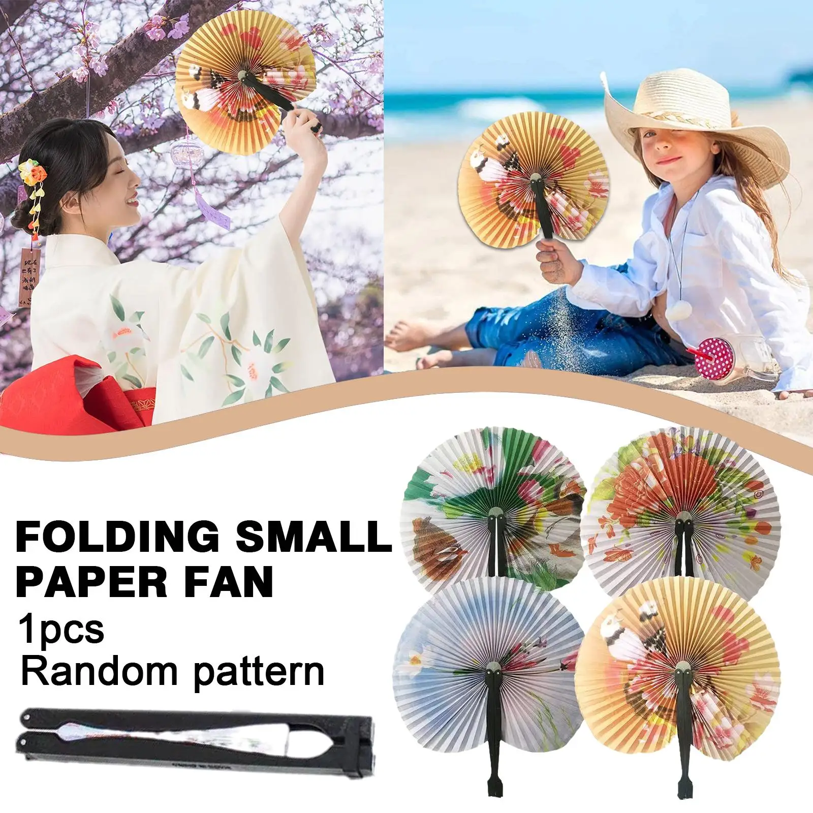 Foldable Paper Fan Retro Windmill Small Round Paper Hand Printed Party Gift Decoration Chinese Fan Random 1pc Style Color F D7I6